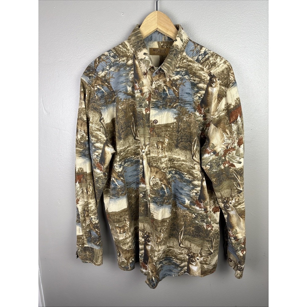 Morgan Creek Outfitters Shirt Men's Long Sleeve Button Up Deer Cotton Brown L